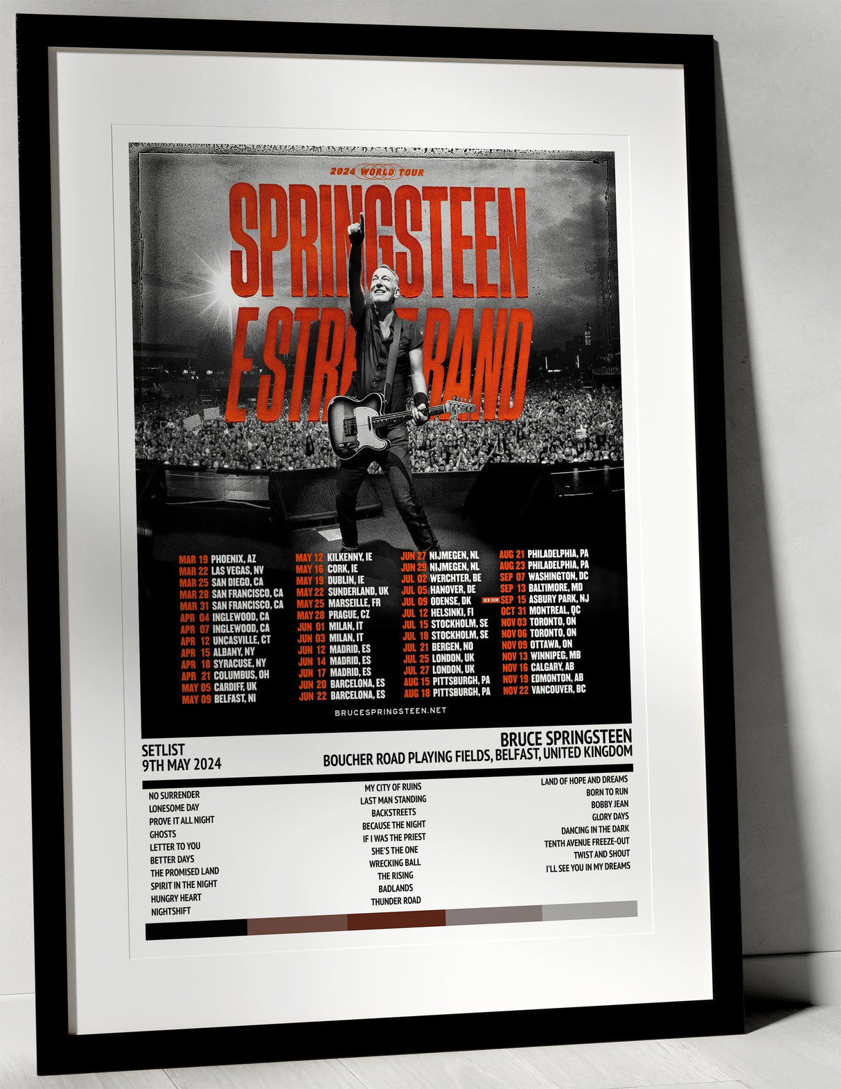 Bruce Springsteen Springsteen & E Street Band 2024 World Tour Boucher Road Playing Fields Belfast 9th May 2024 - Setlist Tour Poster - Setlist