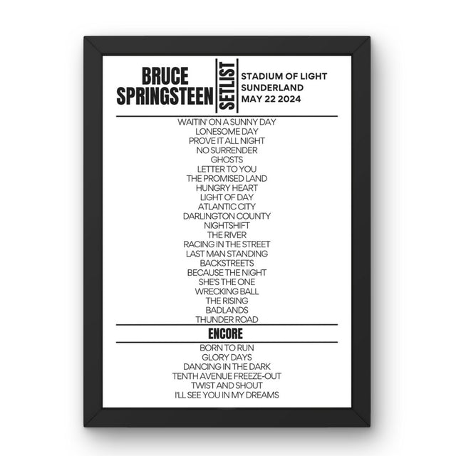 Bruce Springsteen Sunderland May 2024 Replica Setlist - Classic Design - Setlist