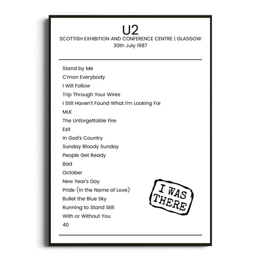 U2 Glasgow 30 July 1987 Setlist Poster