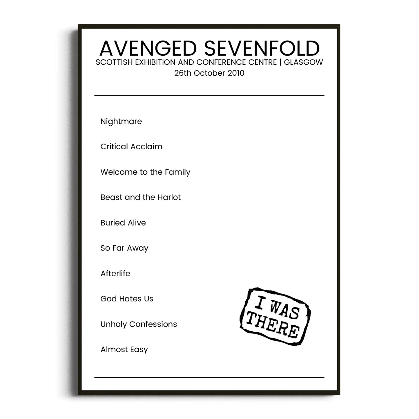 Avenged Sevenfold Glasgow 26 October 2010 Setlist Poster