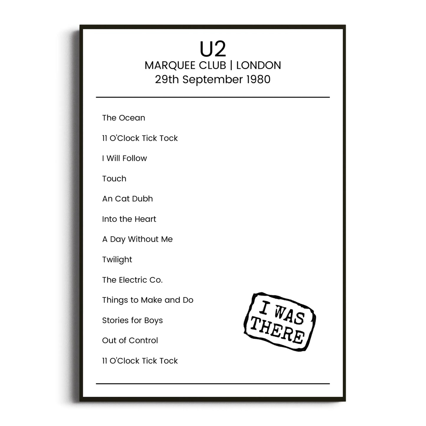 U2 London 29 September 1980 Setlist Poster