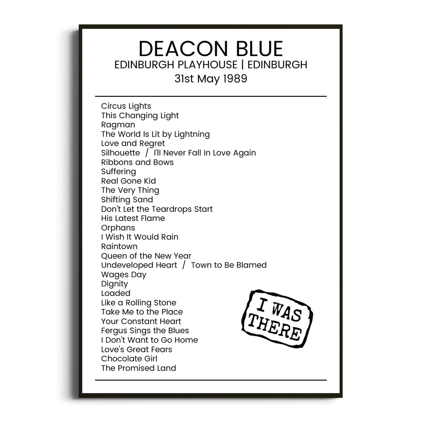 Deacon Blue Edinburgh 31 May 1989 Setlist Poster