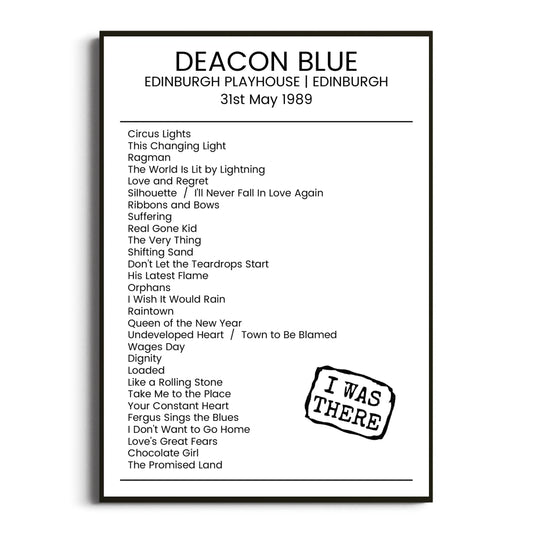 Deacon Blue Edinburgh 31 May 1989 Setlist Poster