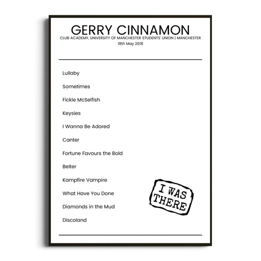 Gerry Cinnamon Manchester 18 May 2018 Setlist Poster