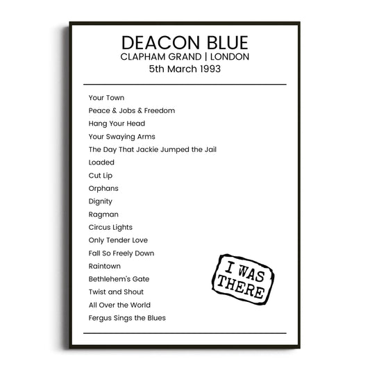 Deacon Blue London 05 March 1993 Setlist Poster