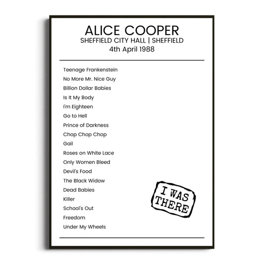 Alice Cooper Sheffield 04 April 1988 Setlist Poster