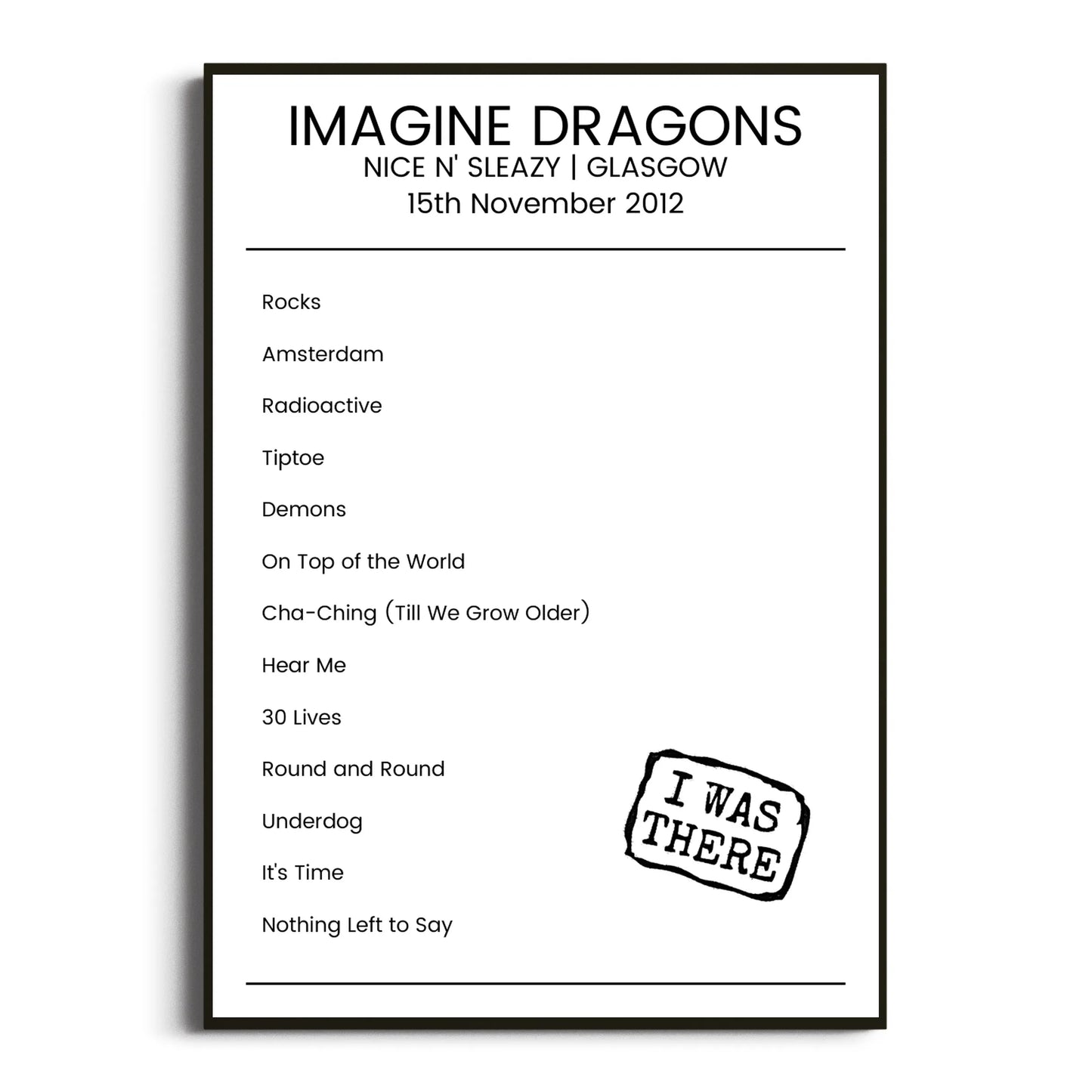 Imagine Dragons Glasgow 15 November 2012 Setlist Poster