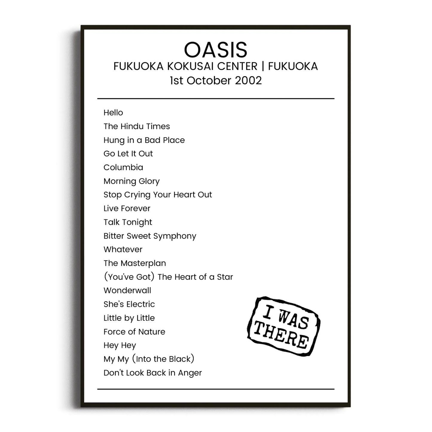 Oasis Fukuoka 01 October 2002 Setlist Poster