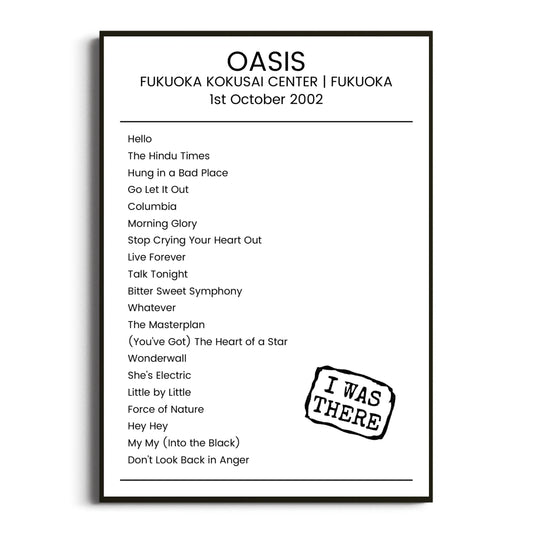 Oasis Fukuoka 01 October 2002 Setlist Poster