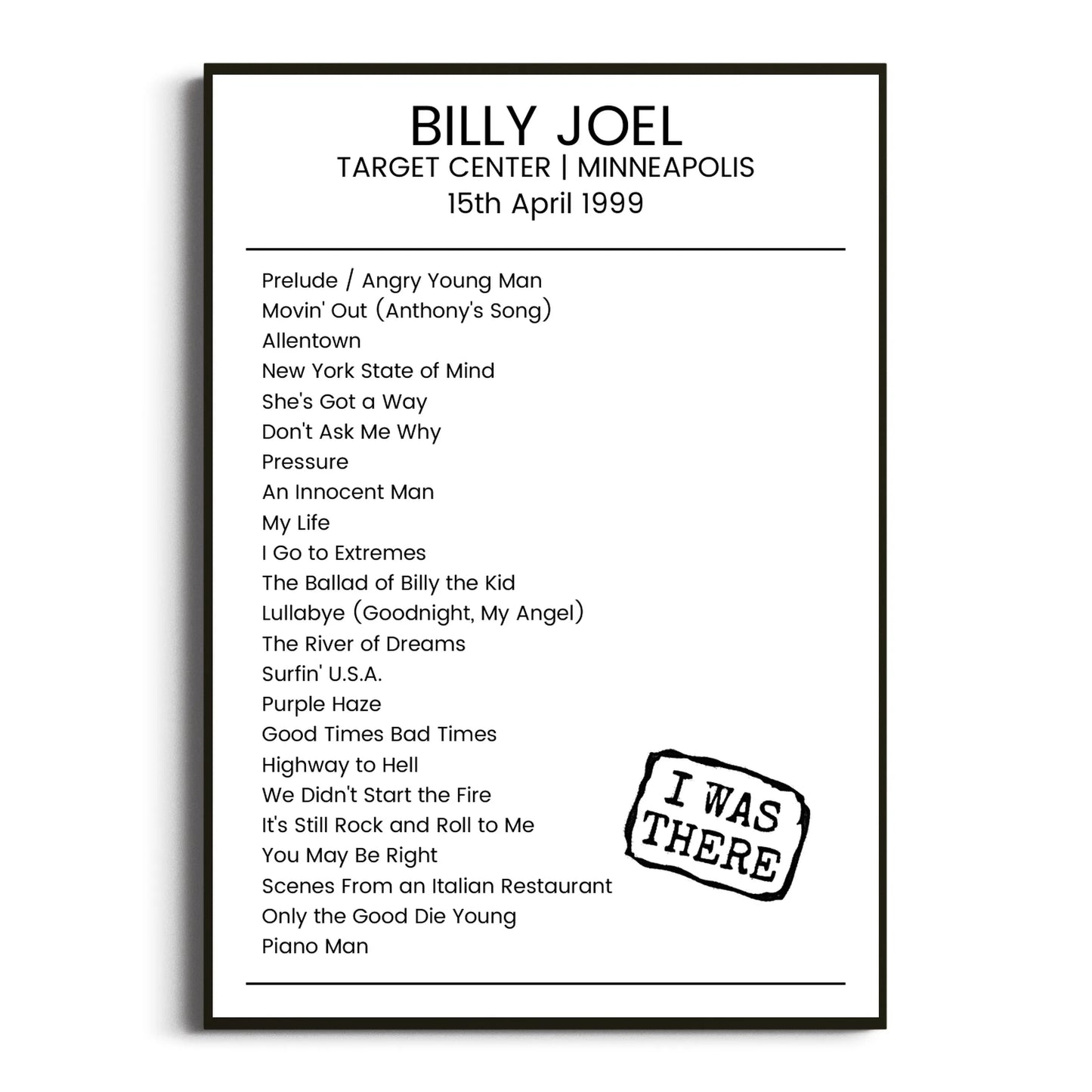 Billy Joel Minneapolis 15 April 1999 Setlist Poster