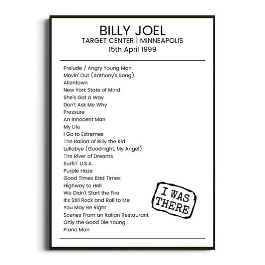 Billy Joel Minneapolis 15 April 1999 Setlist Poster