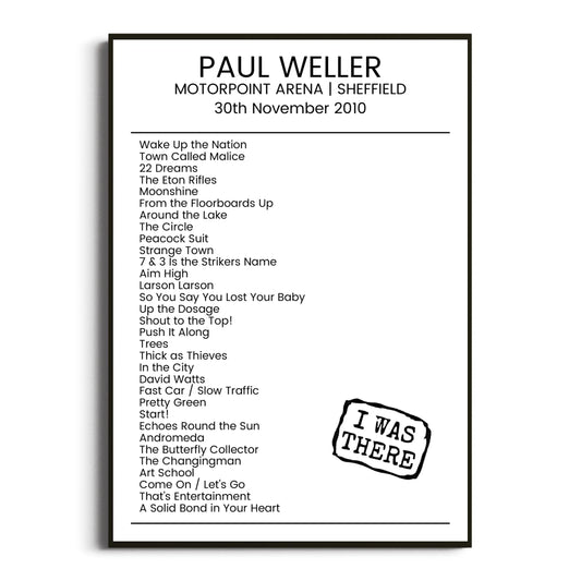 Paul Weller Sheffield 30 November 2010 Setlist Poster