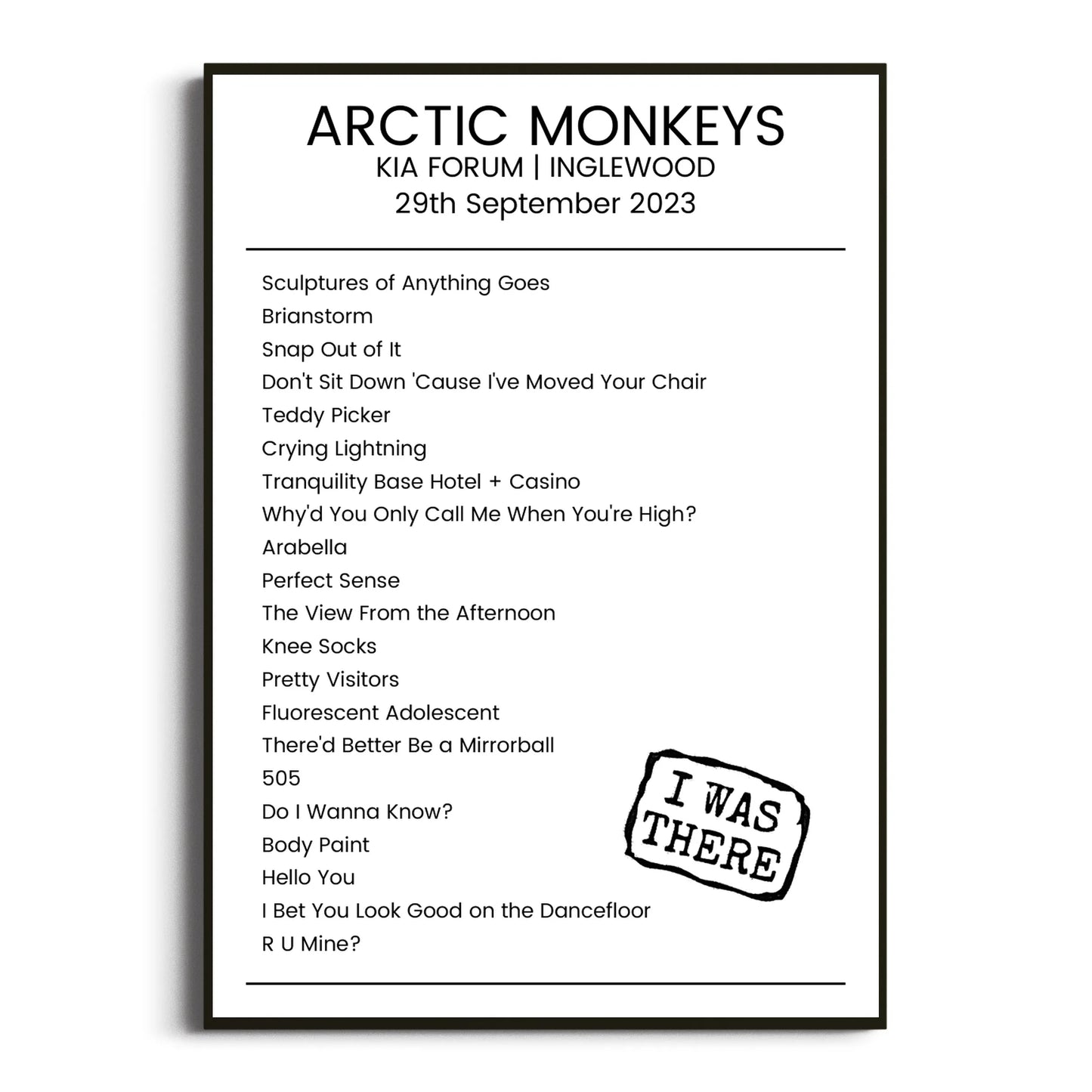 Arctic Monkeys Inglewood 29 September 2023 Setlist Poster