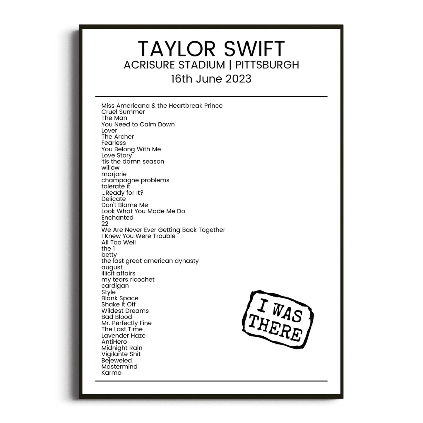 Taylor Swift Pittsburgh 16 June 2023 Setlist Poster