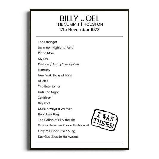 Billy Joel Houston 17 November 1978 Setlist Poster