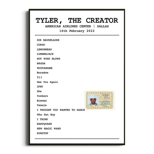 Tyler, The Creator Dallas 16 February 2022 Setlist Poster