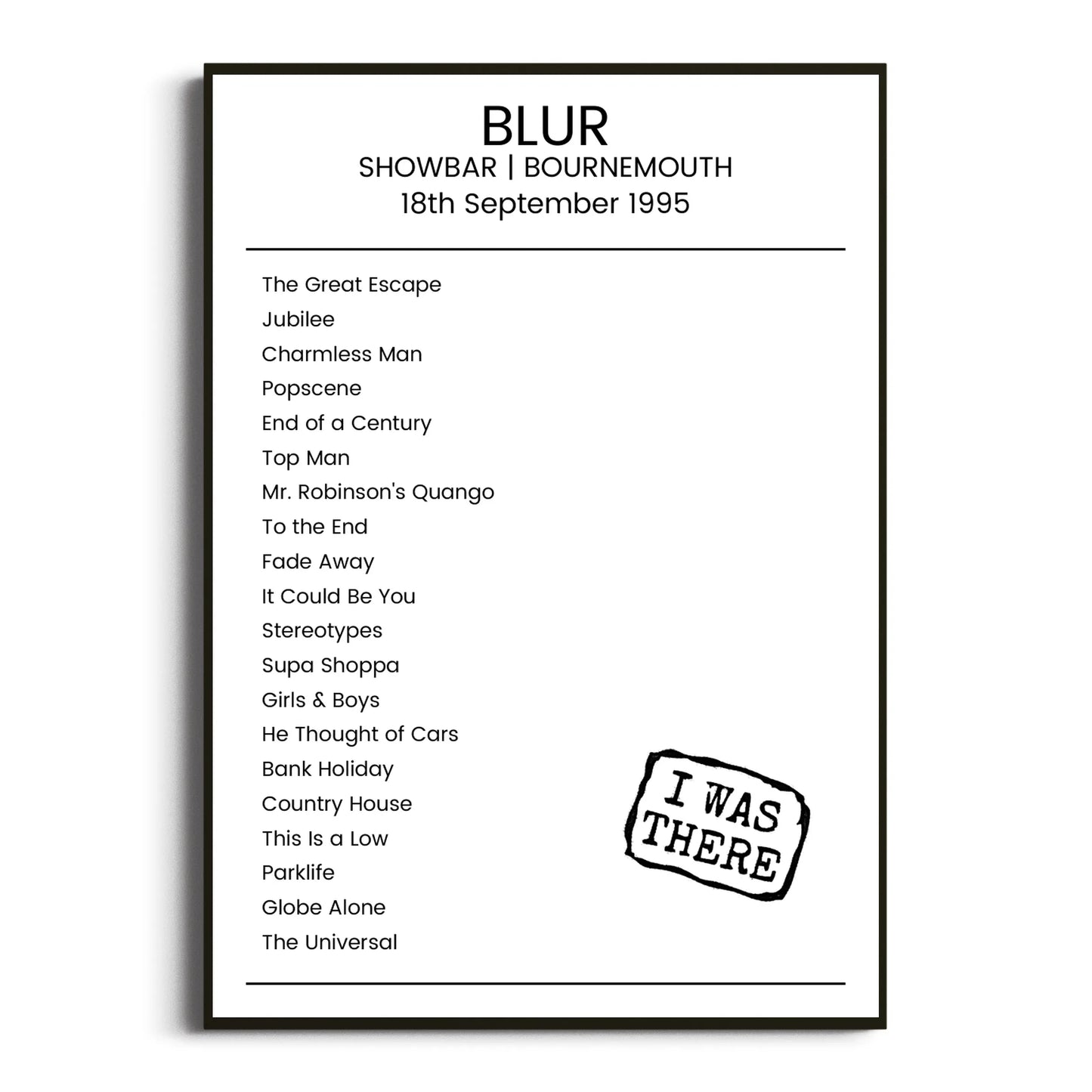 Blur Bournemouth 18 September 1995 Setlist Poster