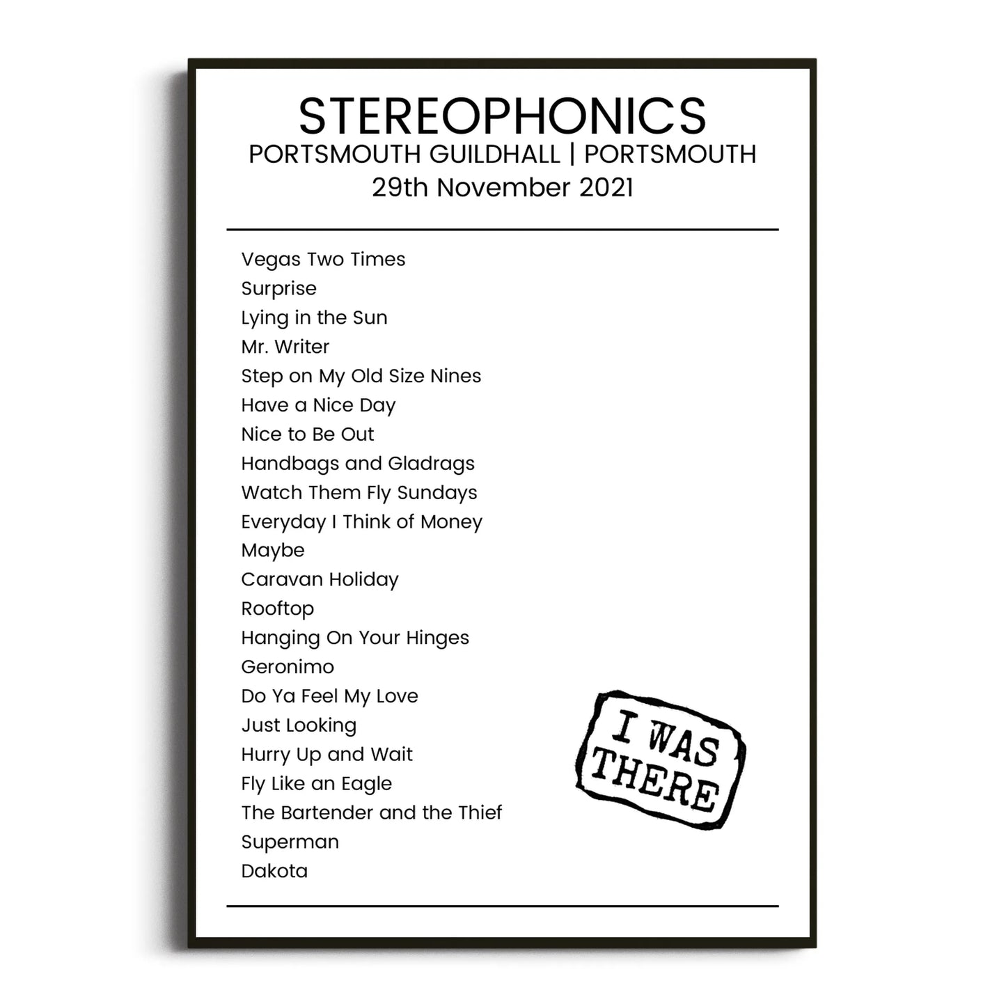 Stereophonics Portsmouth 29 November 2021 Setlist Poster