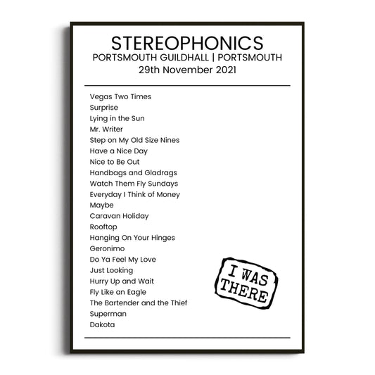 Stereophonics Portsmouth 29 November 2021 Setlist Poster