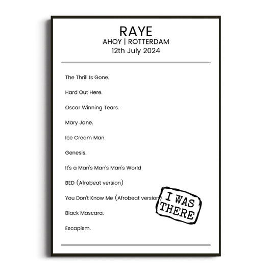 RAYE Rotterdam 12 July 2024 Setlist Poster