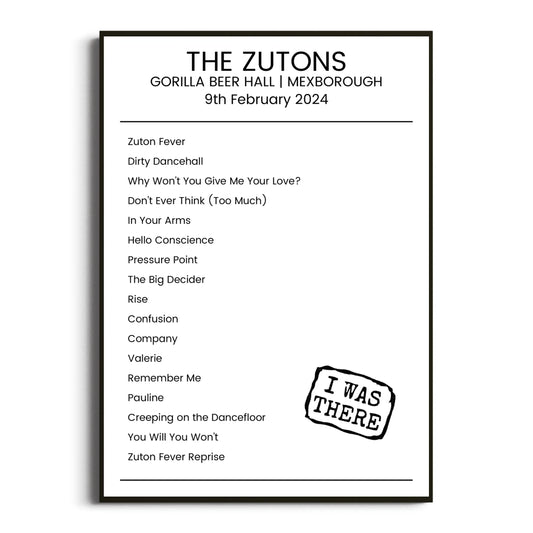 The Zutons Mexborough 09 February 2024 Setlist Poster