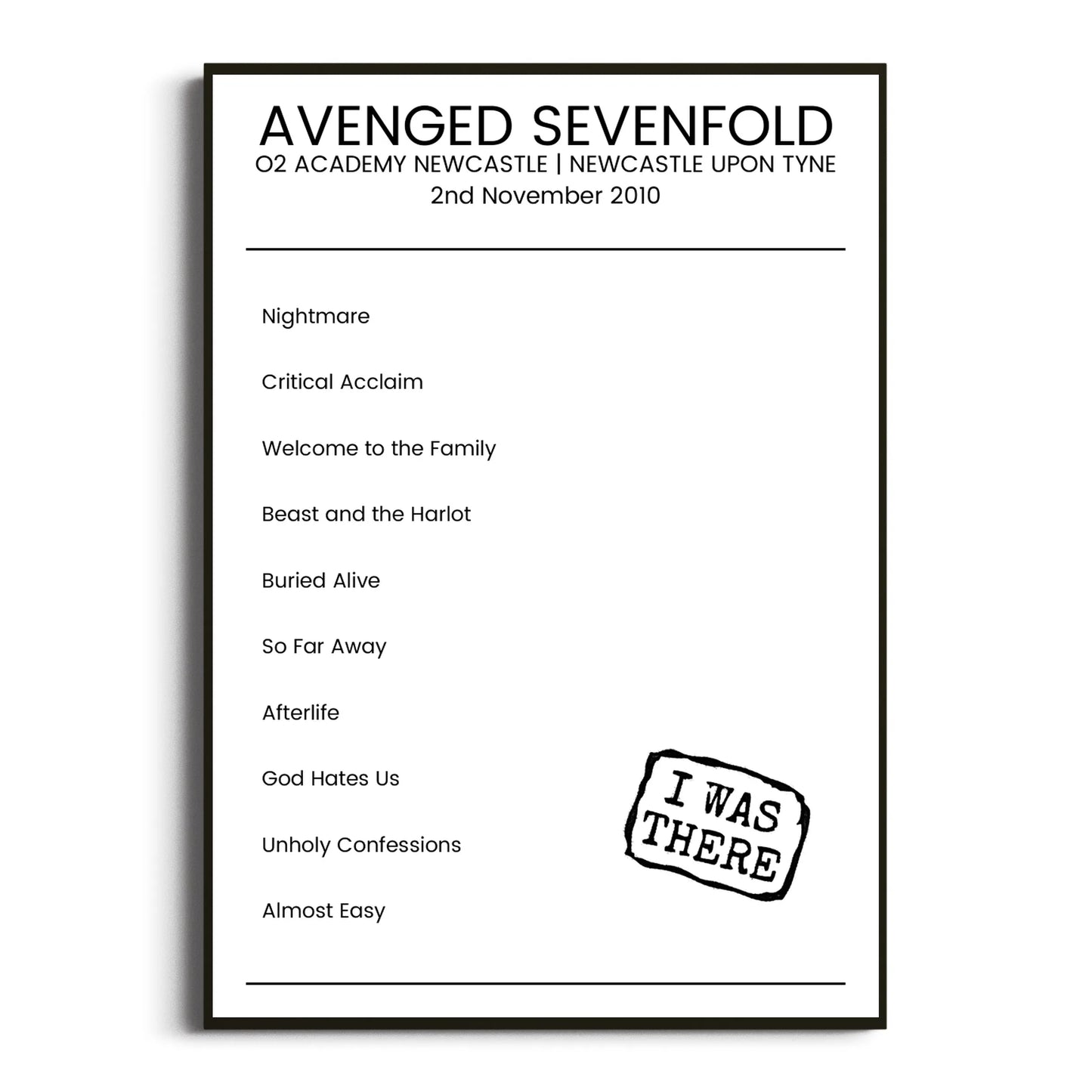 Avenged Sevenfold Newcastle upon Tyne 02 November 2010 Setlist Poster