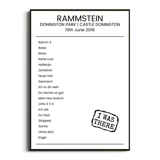 Rammstein Castle Donington 10 June 2016 Setlist Poster