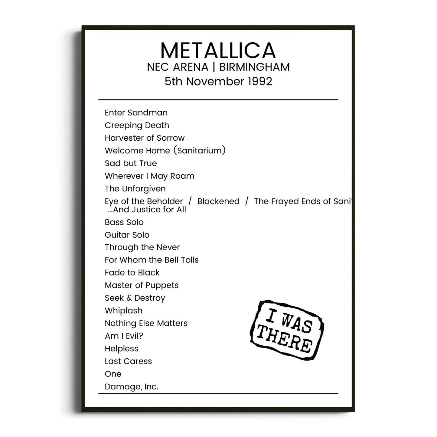 Metallica Birmingham 05 November 1992 Setlist Poster