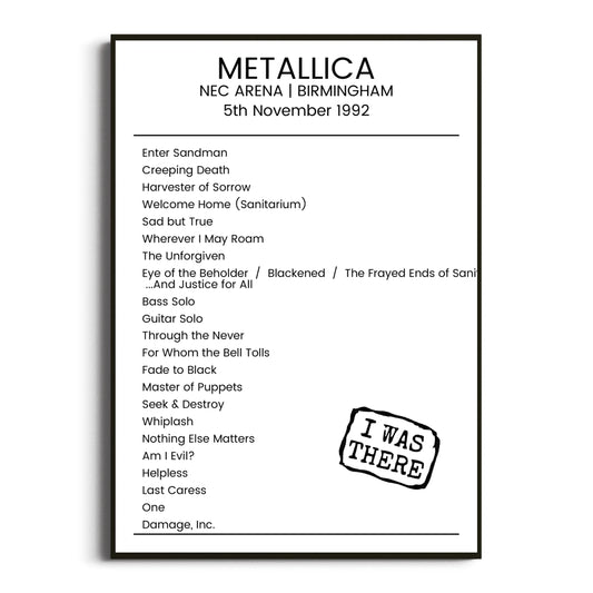 Metallica Birmingham 05 November 1992 Setlist Poster