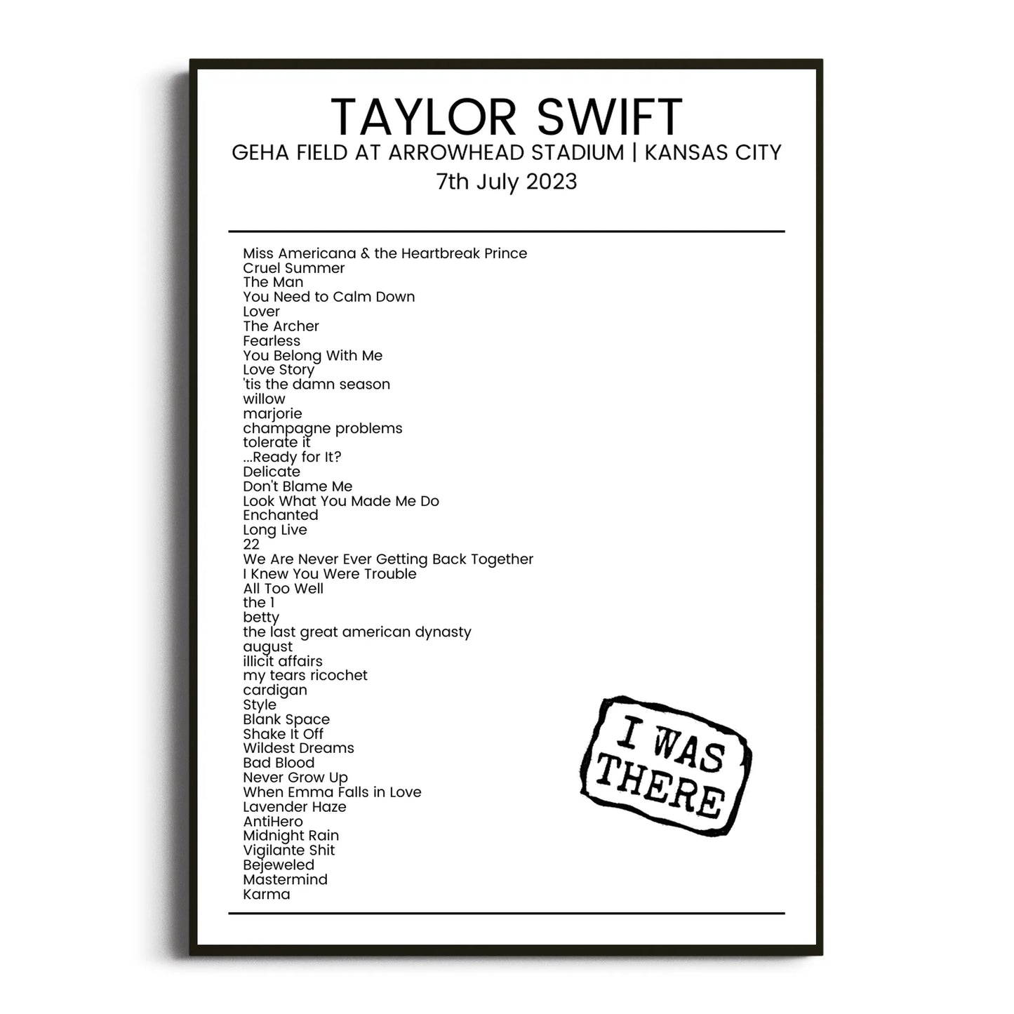 Taylor Swift Kansas City 07 July 2023 Setlist Poster