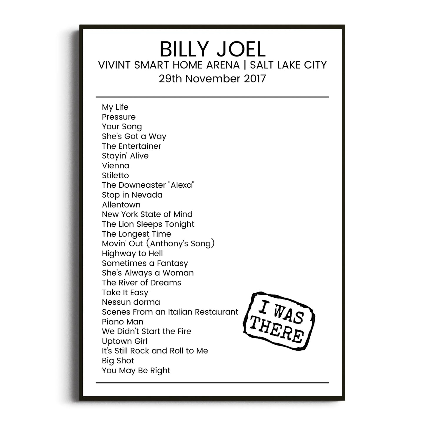 Billy Joel Salt Lake City 29 November 2017 Setlist Poster