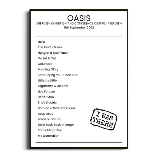 Oasis Aberdeen 09 September 2002 Setlist Poster