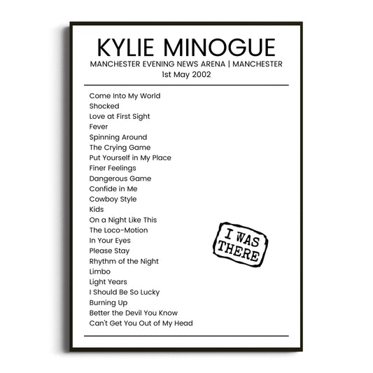 Kylie Minogue Manchester 01 May 2002 Setlist Poster