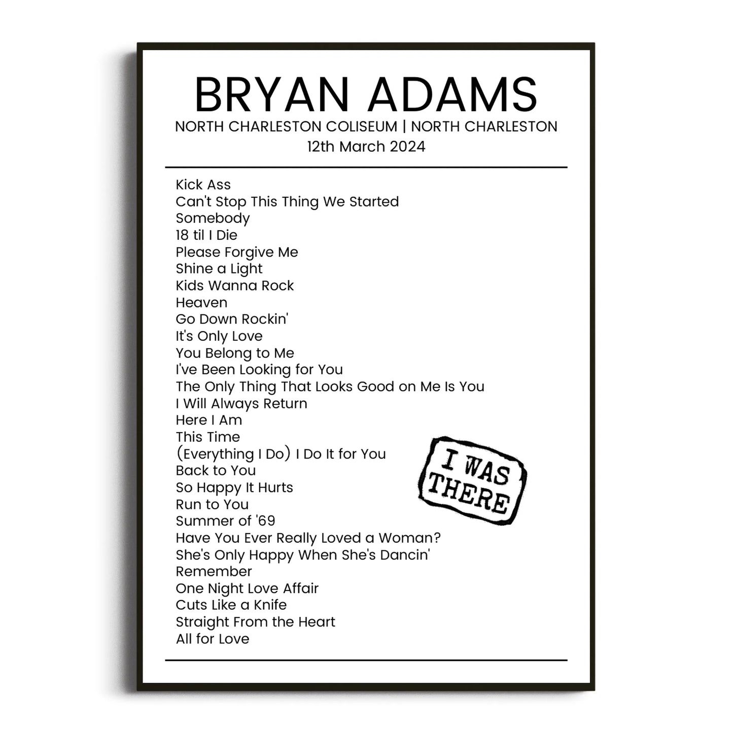 Bryan Adams North Charleston 12 March 2024 Setlist Poster