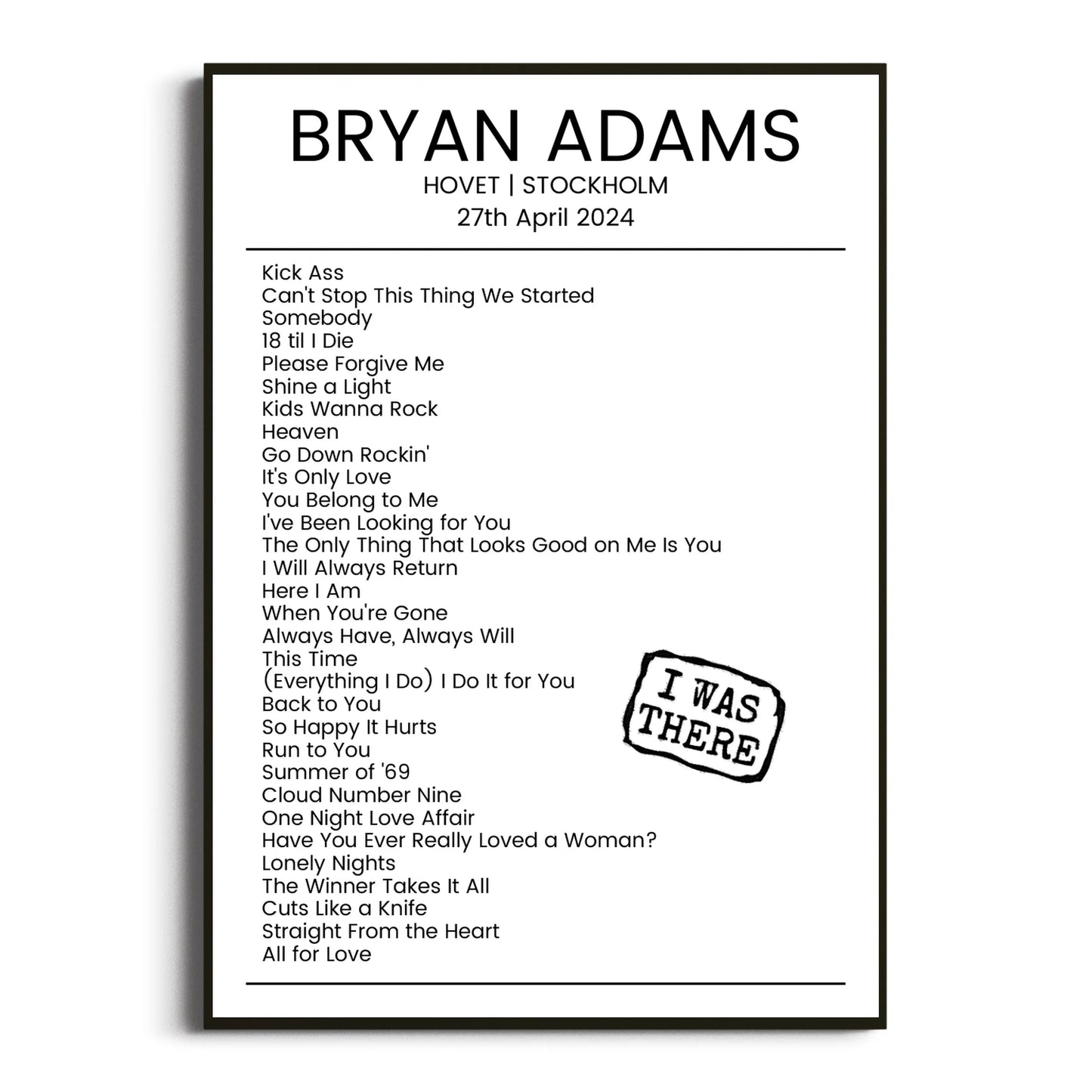 Bryan Adams Stockholm 27 April 2024 Setlist Poster