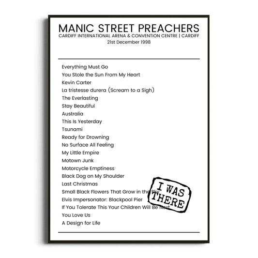 Manic Street Preachers Cardiff 21 December 1998 Setlist Poster