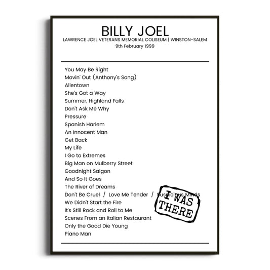 Billy Joel Winston-Salem 09 February 1999 Setlist Poster