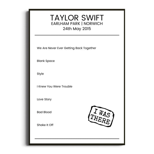 Taylor Swift Norwich 24 May 2015 Setlist Poster