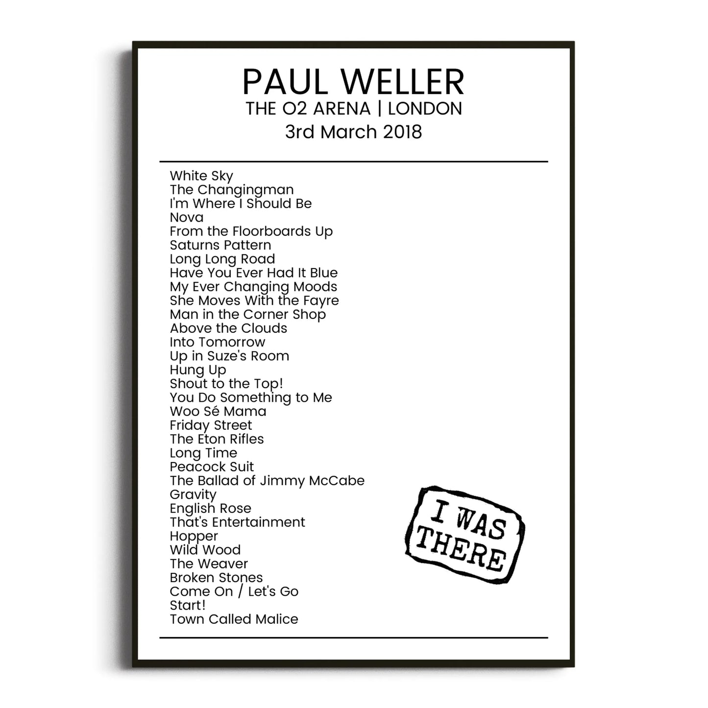 Paul Weller London 03 March 2018 Setlist Poster