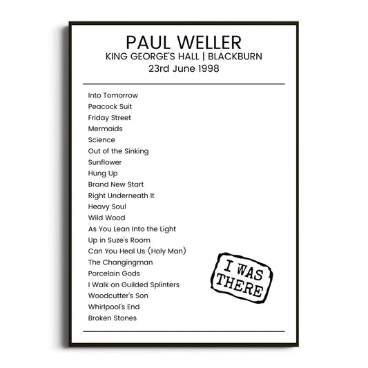 Paul Weller Blackburn 23 June 1998 Setlist Poster