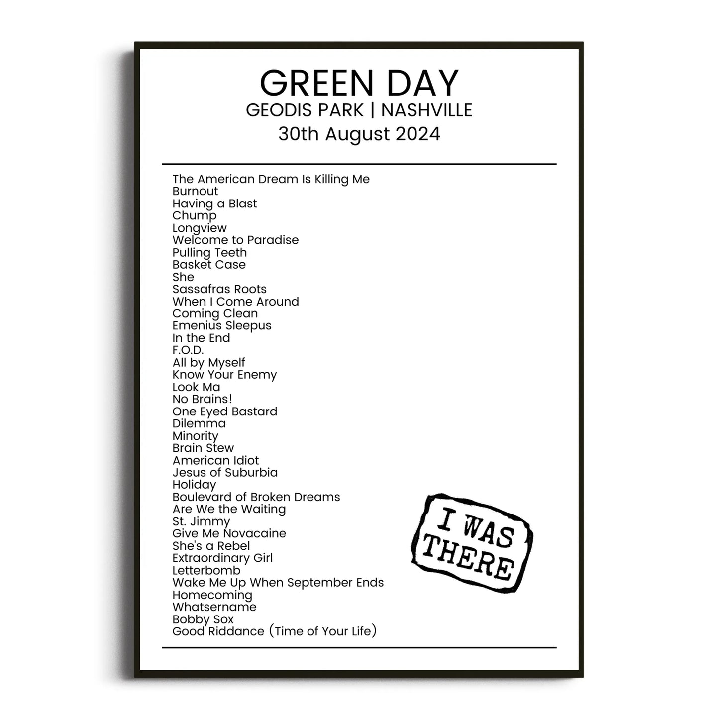 Green Day Nashville 30 August 2024 Setlist Poster