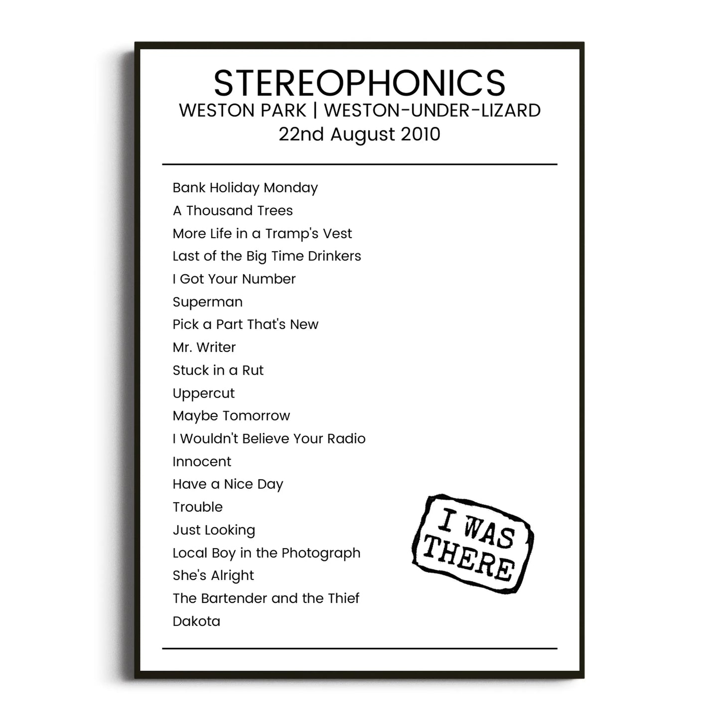 Stereophonics Weston-under-Lizard 22 August 2010 Setlist Poster