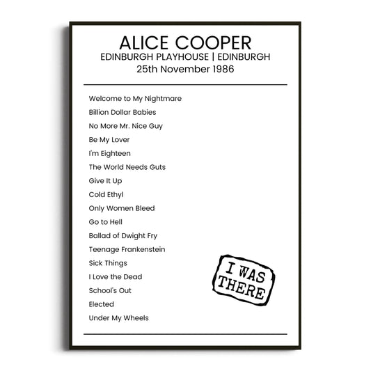 Alice Cooper Edinburgh 25 November 1986 Setlist Poster