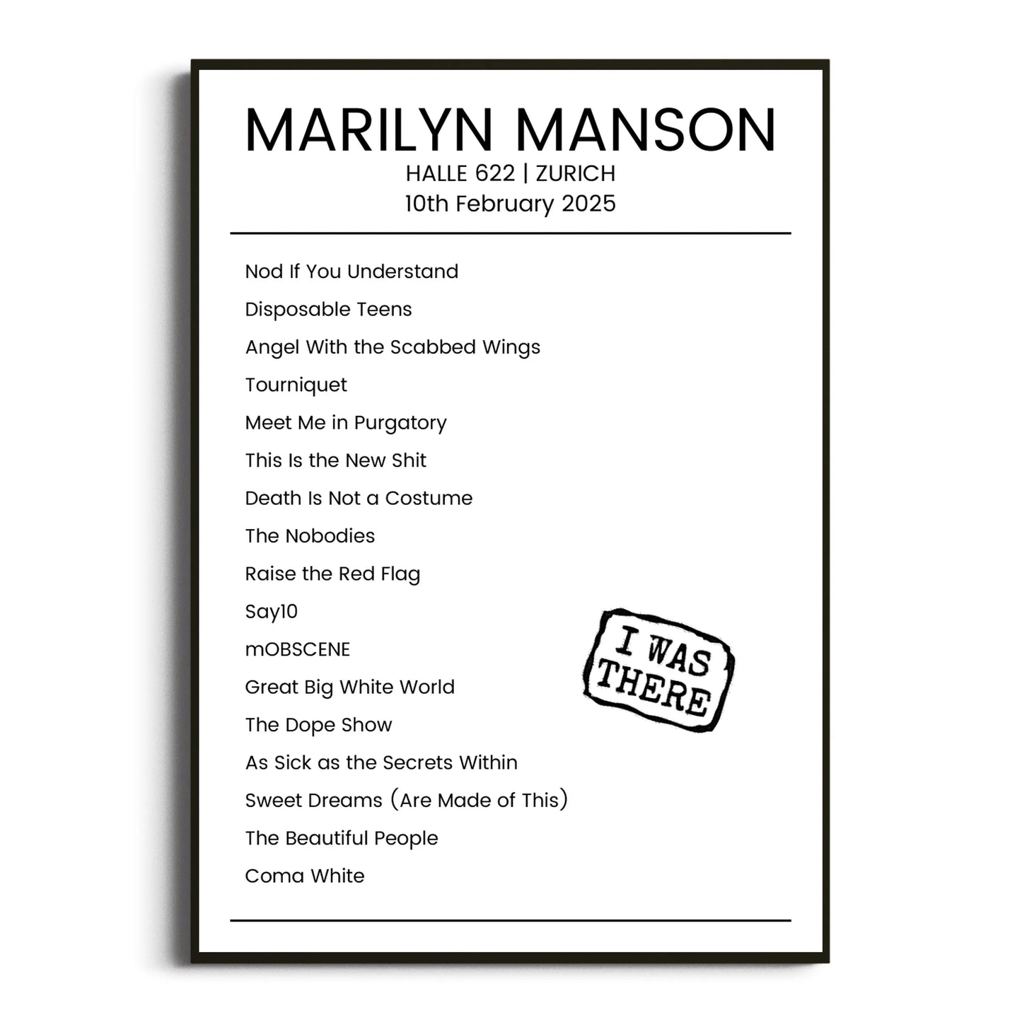 Marilyn Manson Zurich 10 February 2025 Setlist Poster