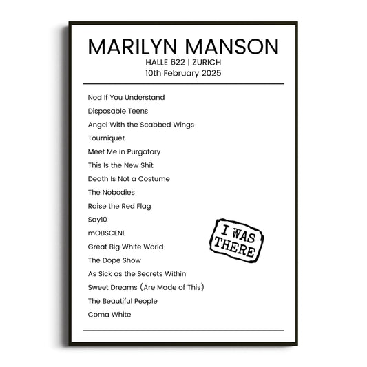 Marilyn Manson Zurich 10 February 2025 Setlist Poster