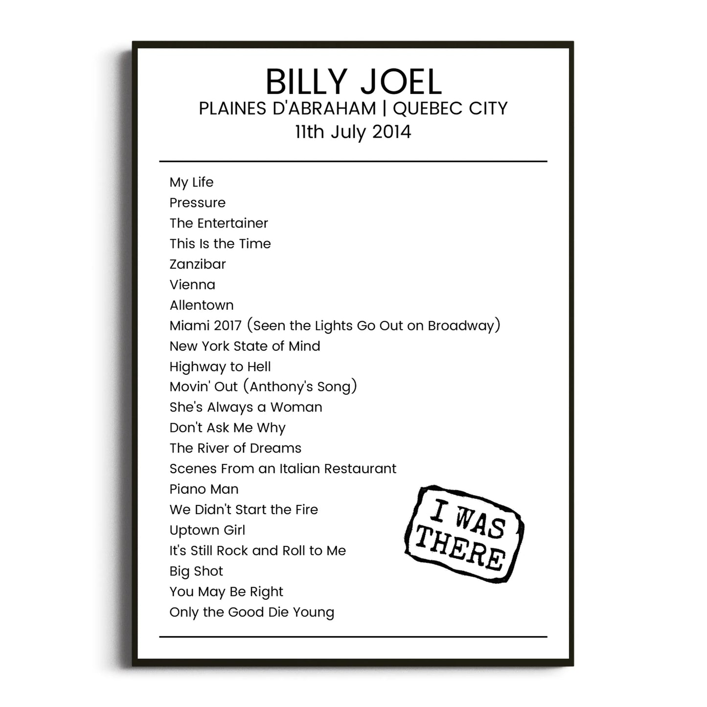 Billy Joel Quebec City 11 July 2014 Setlist Poster