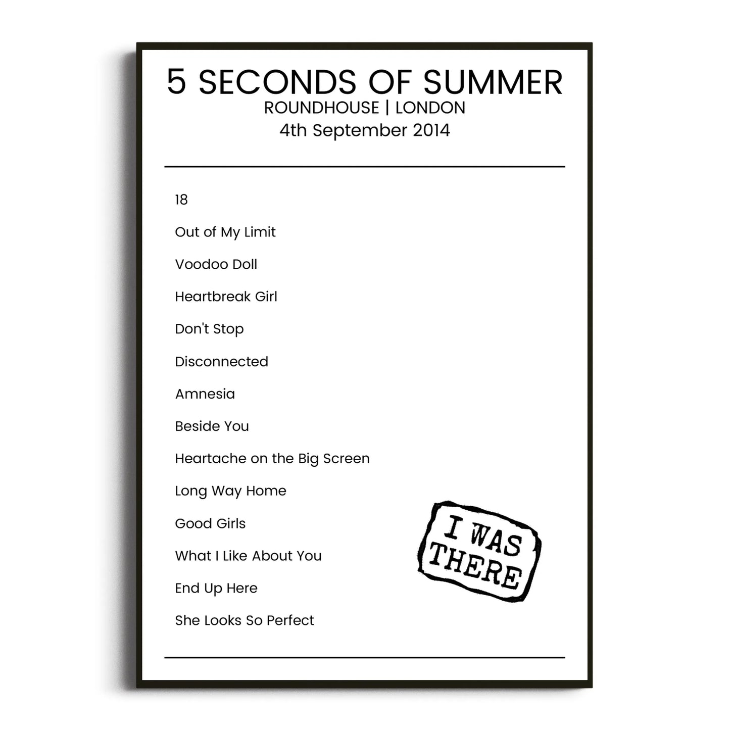 5 Seconds of Summer London 04 September 2014 Setlist Poster