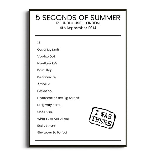 5 Seconds of Summer London 04 September 2014 Setlist Poster