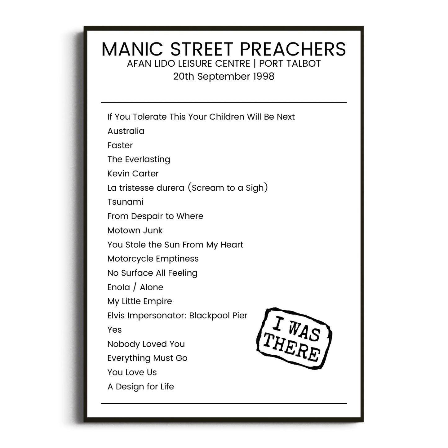 Manic Street Preachers Port Talbot 20 September 1998 Setlist Poster