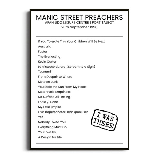 Manic Street Preachers Port Talbot 20 September 1998 Setlist Poster